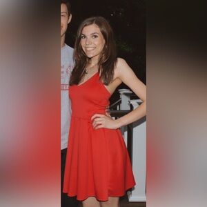 🌹Red Backless Satin Halter Skater Dres